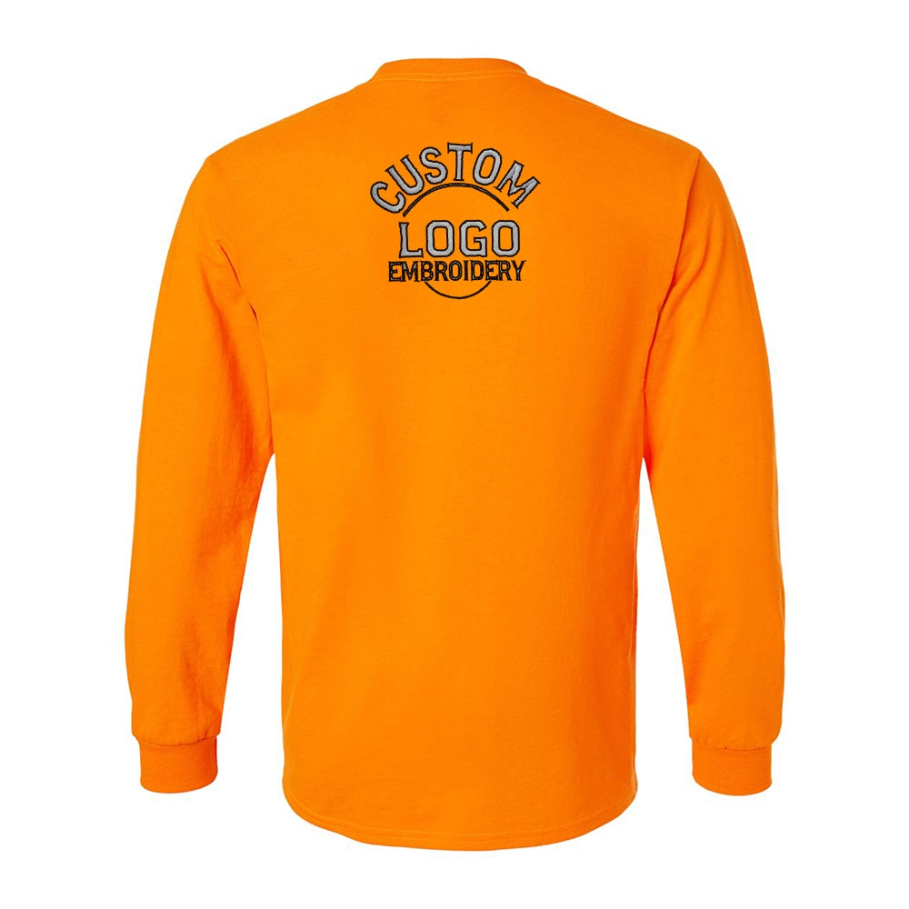 an orange long sleeve shirt with a logo on the chest