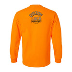 an orange long sleeve shirt with a logo on the chest