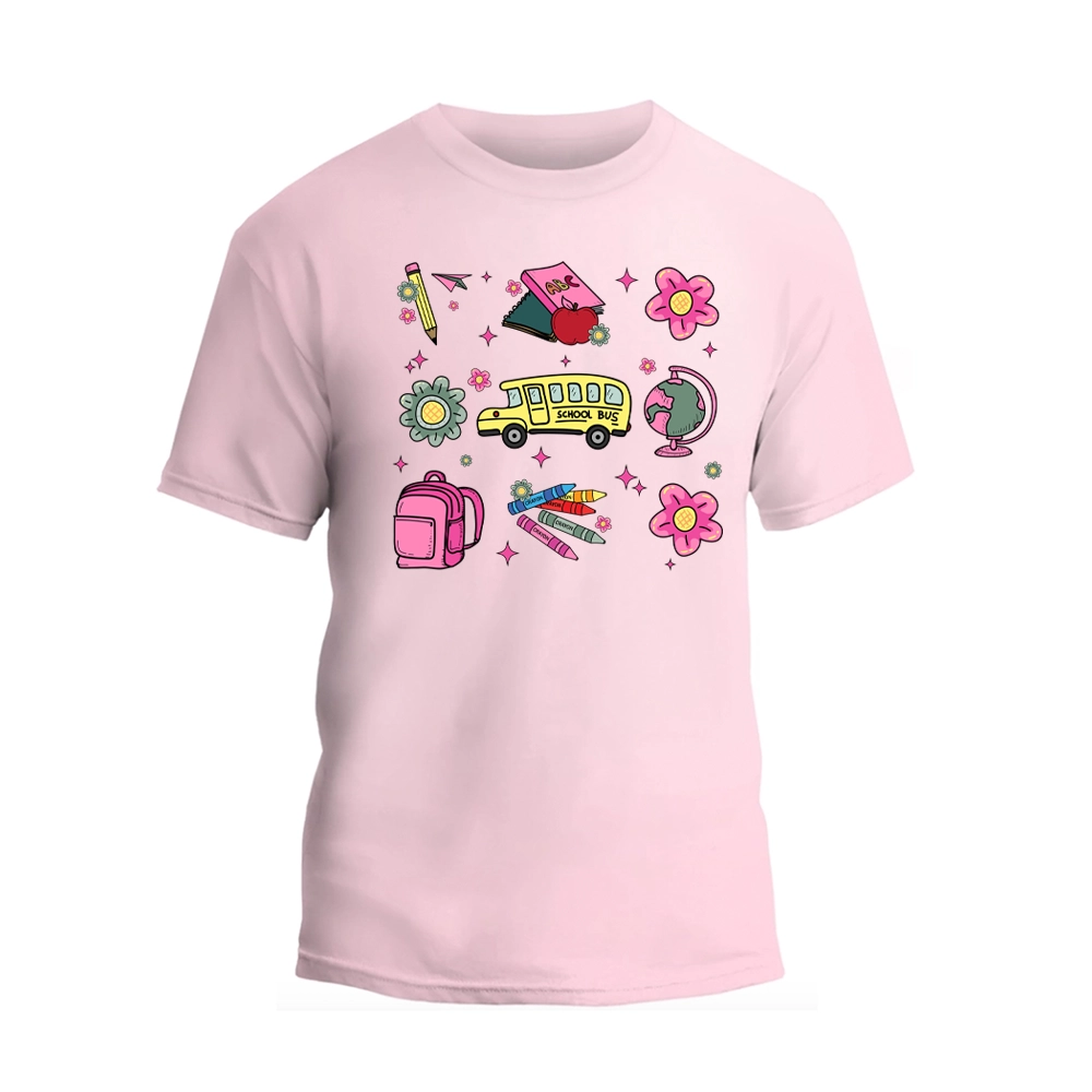 a pink t - shirt with a bunch of different items on it