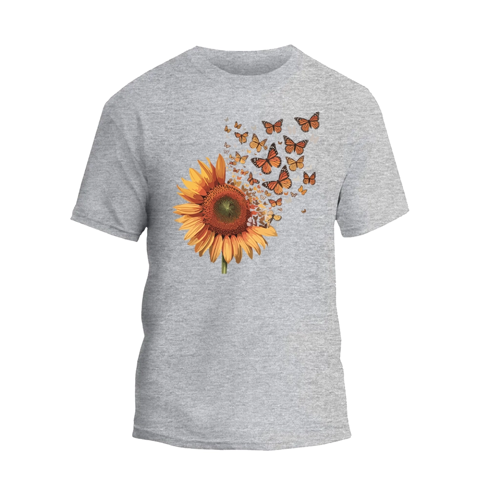 a grey t - shirt with a sunflower and butterflies on it