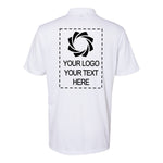 a white polo shirt with a black and white logo