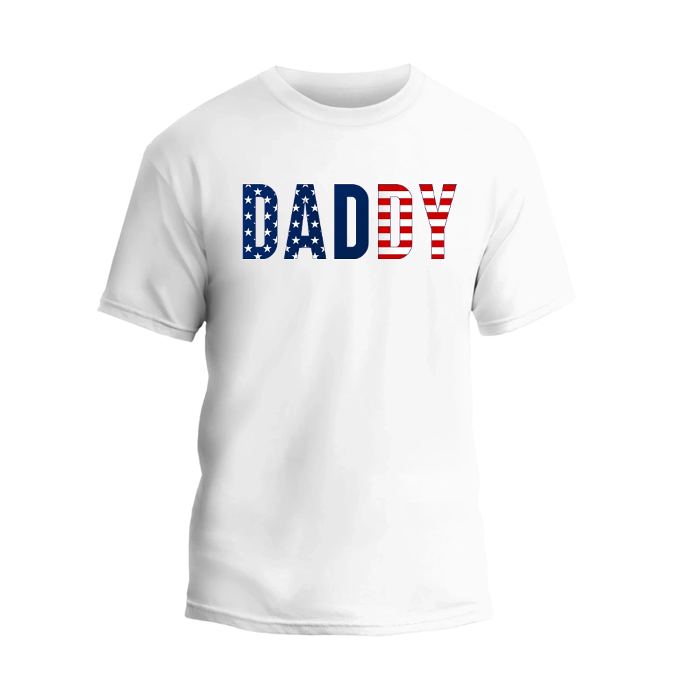 a white t - shirt with the word dad printed on it