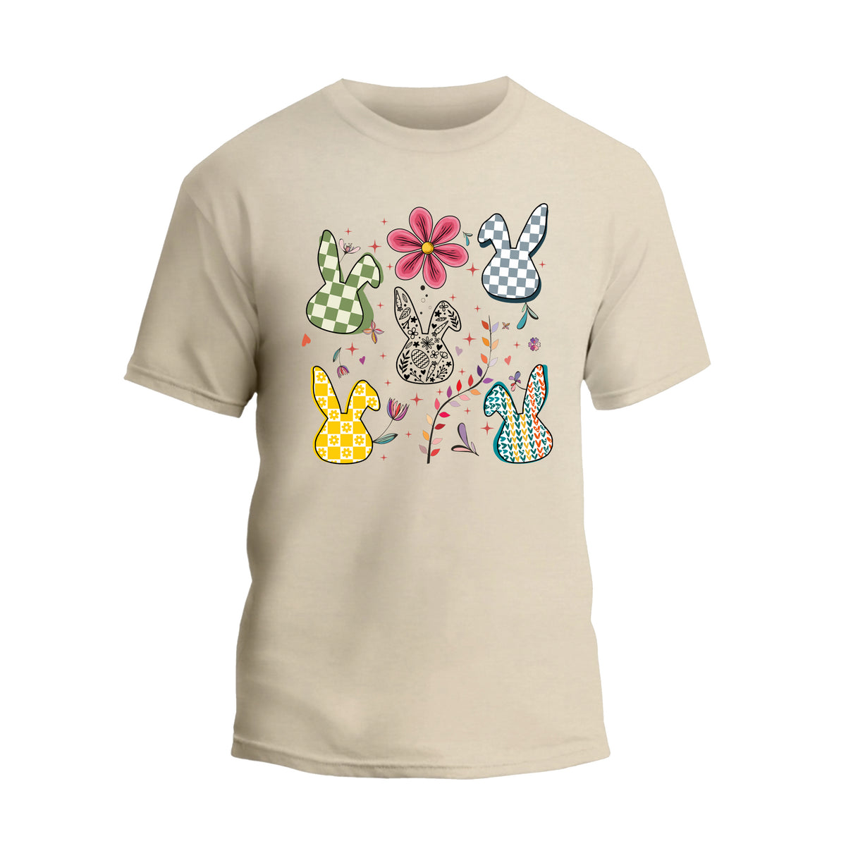 a white t - shirt with an image of four bunny ears
