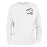 a white sweatshirt with a black and white logo