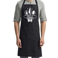 a man wearing an apron with a spoon and fork on it