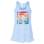 A light blue tank top with a graphic design featuring a sunset and palm trees.
