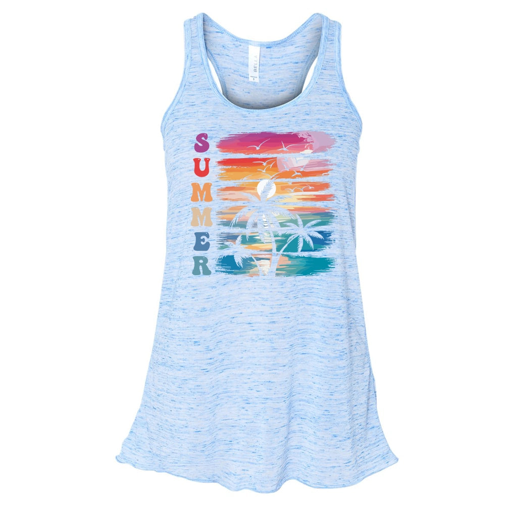 A light blue tank top with a graphic design featuring a sunset and palm trees.