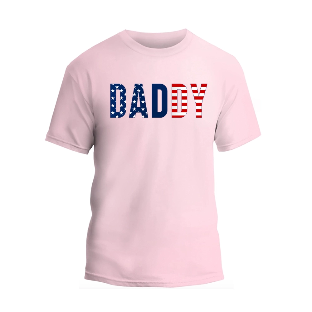 a pink t - shirt with the word dad printed on it