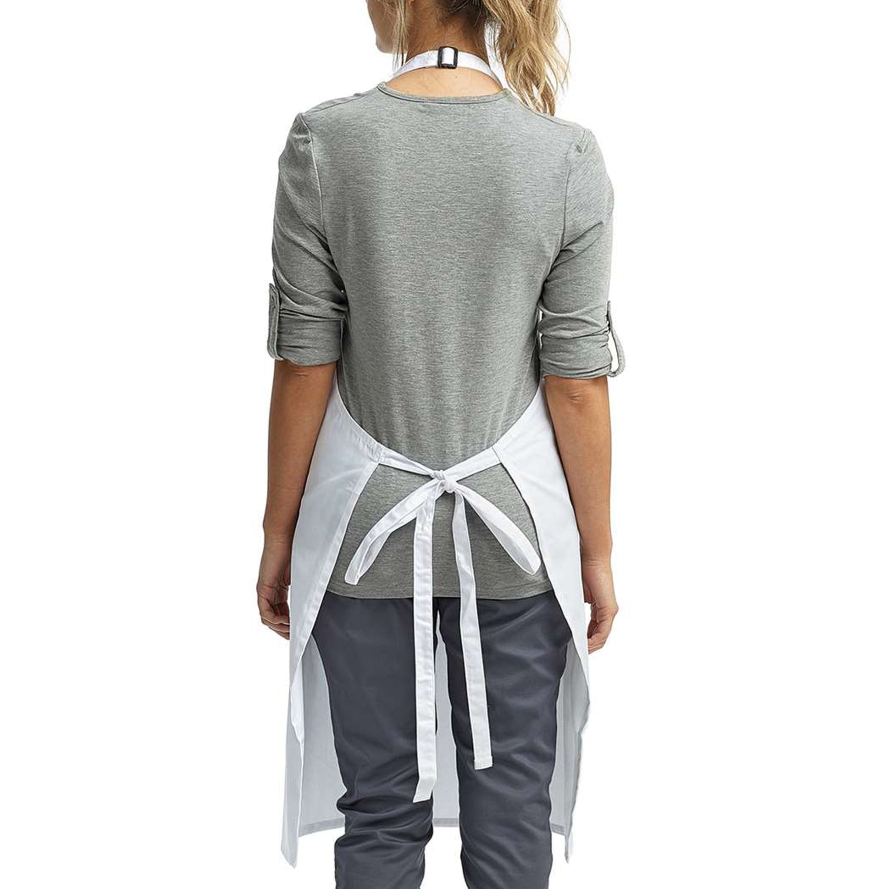 a woman wearing a grey top with a white tie around the waist