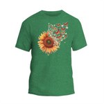 a green t - shirt with a sunflower and butterflies on it
