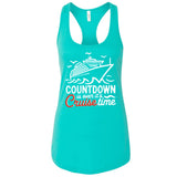 A turquoise tank top with a graphic design depicting a cruise ship and the text "Countdown is over it's Cruise time" printed on it.