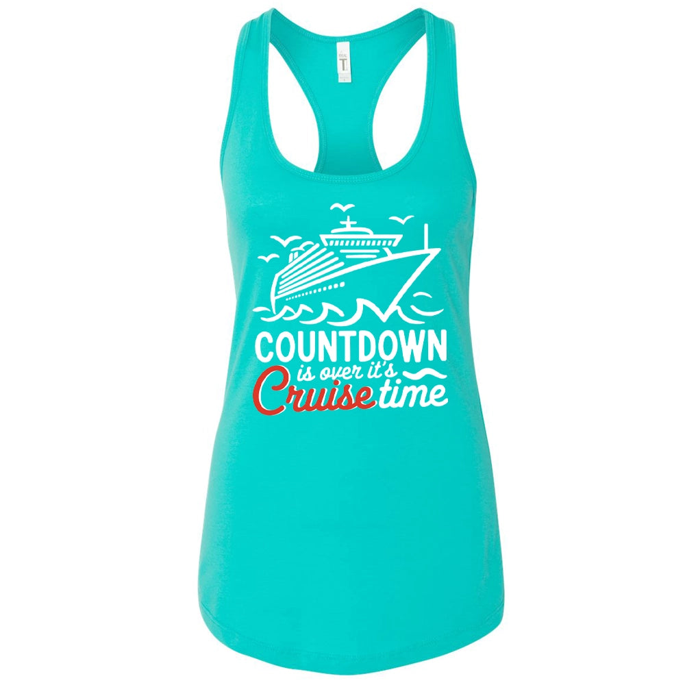 A turquoise tank top with a graphic design depicting a cruise ship and the text "Countdown is over it's Cruise time" printed on it.