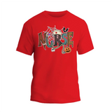 A red t-shirt with the word "NURSE" written in a creative and colorful design, featuring various Halloween-themed elements such as a spider web, a bat, a pumpkin, and a skeleton.