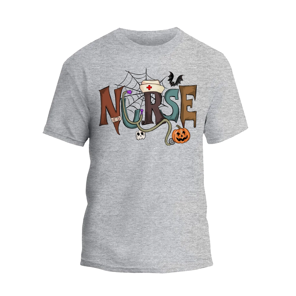 A gray t-shirt with the word "NURSE" written in a creative and colorful design, featuring a spider web, a bat, a pumpkin, and other Halloween-themed elements.