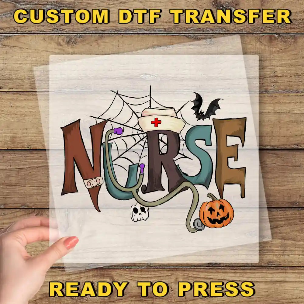 The image is a hand holding a piece of paper with the word "NURSE" written on it, along with various Halloween-themed elements such as a spider web, a bat, a pumpkin, and a skeleton.