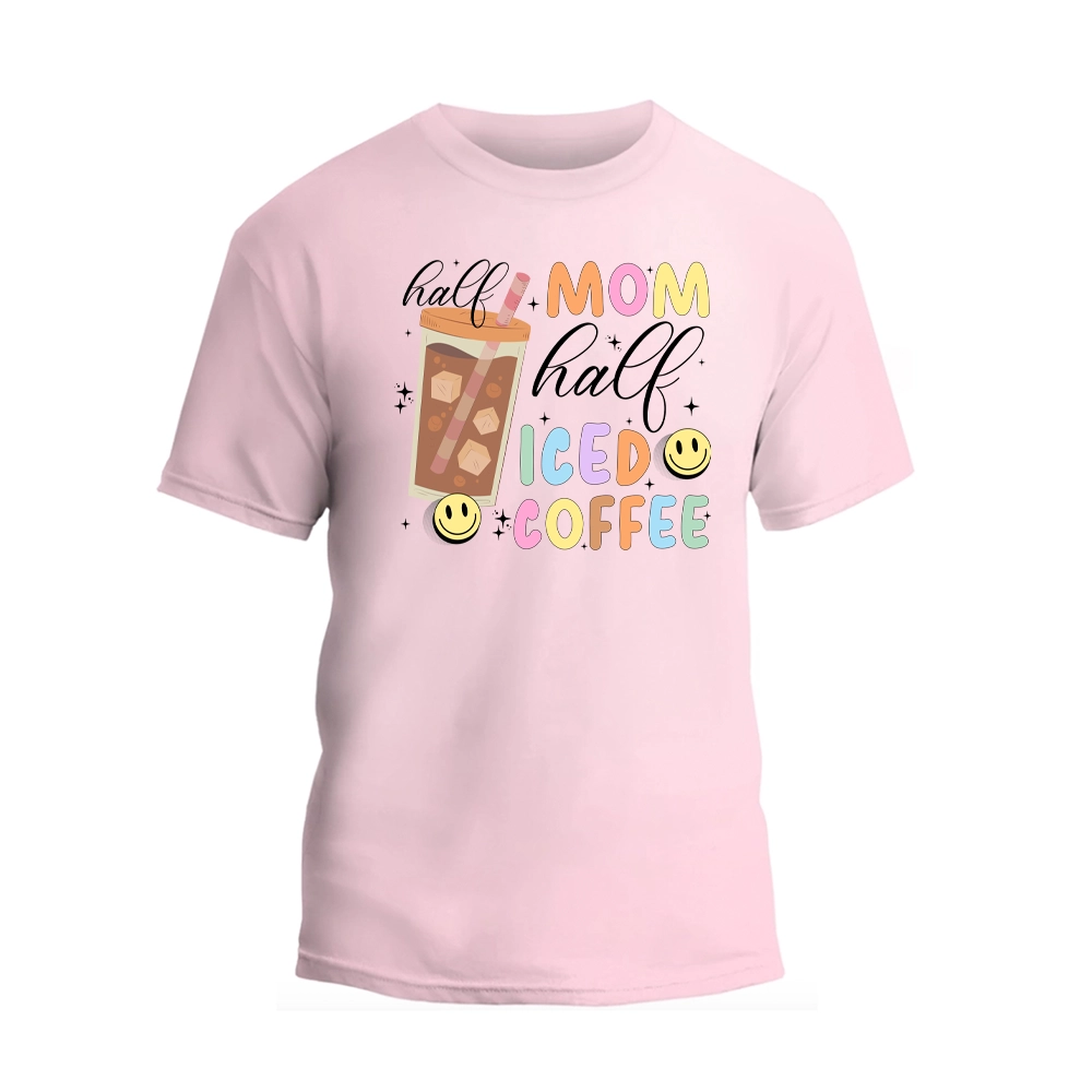 a pink t - shirt with the words mom and iced coffee
