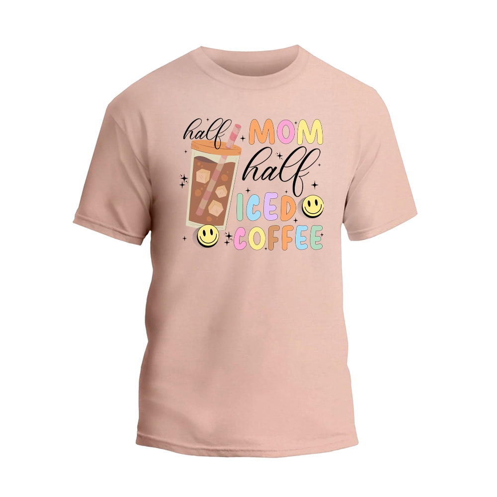 a pink t - shirt with the words mom and coffee on it