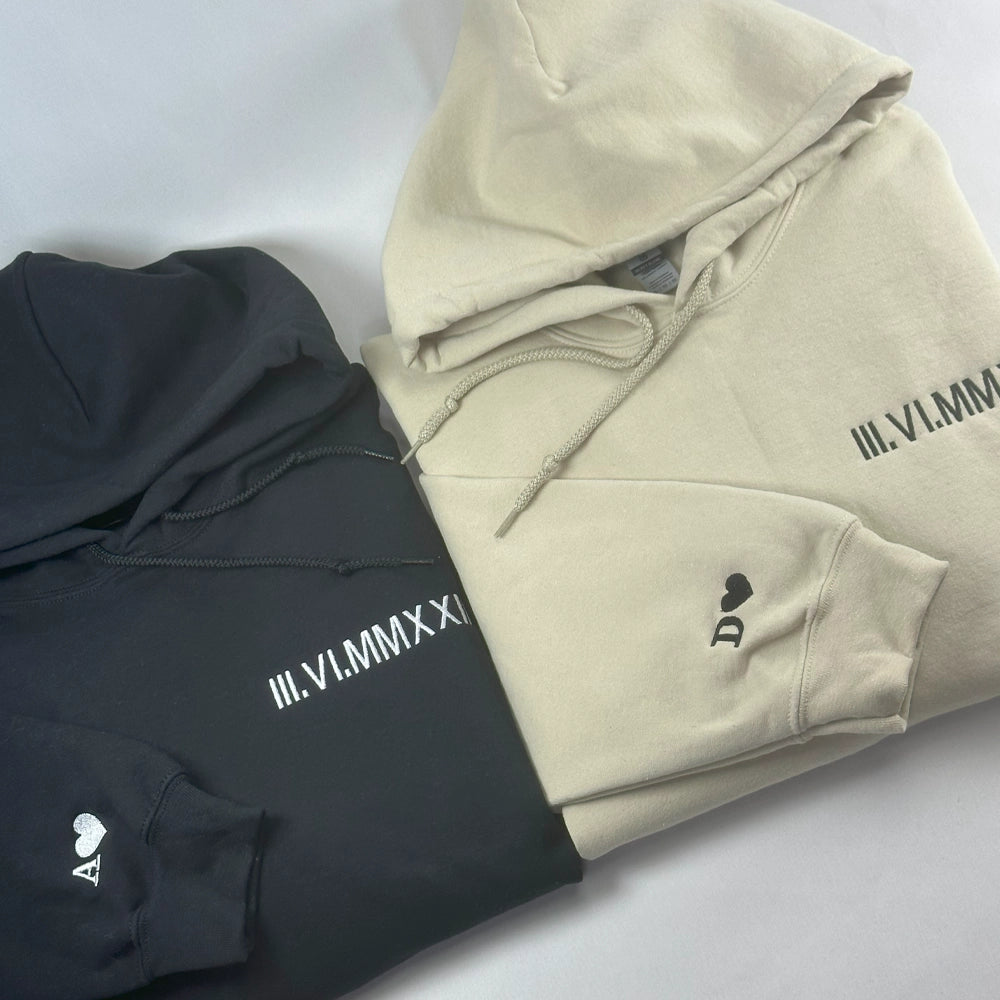 a couple of hoodies sitting on top of a white table