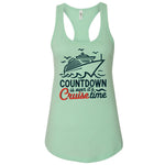 A mint green tank top with a graphic design depicting a cruise ship and the text "COUNTDOWN is over it's Cruise time" printed on it.