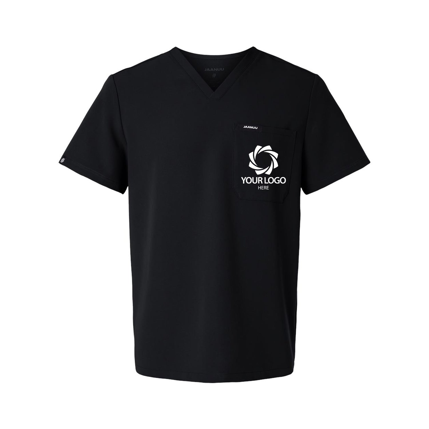 a black t - shirt with a white logo on the chest