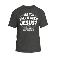 A gray t-shirt with a humorous text printed on it.