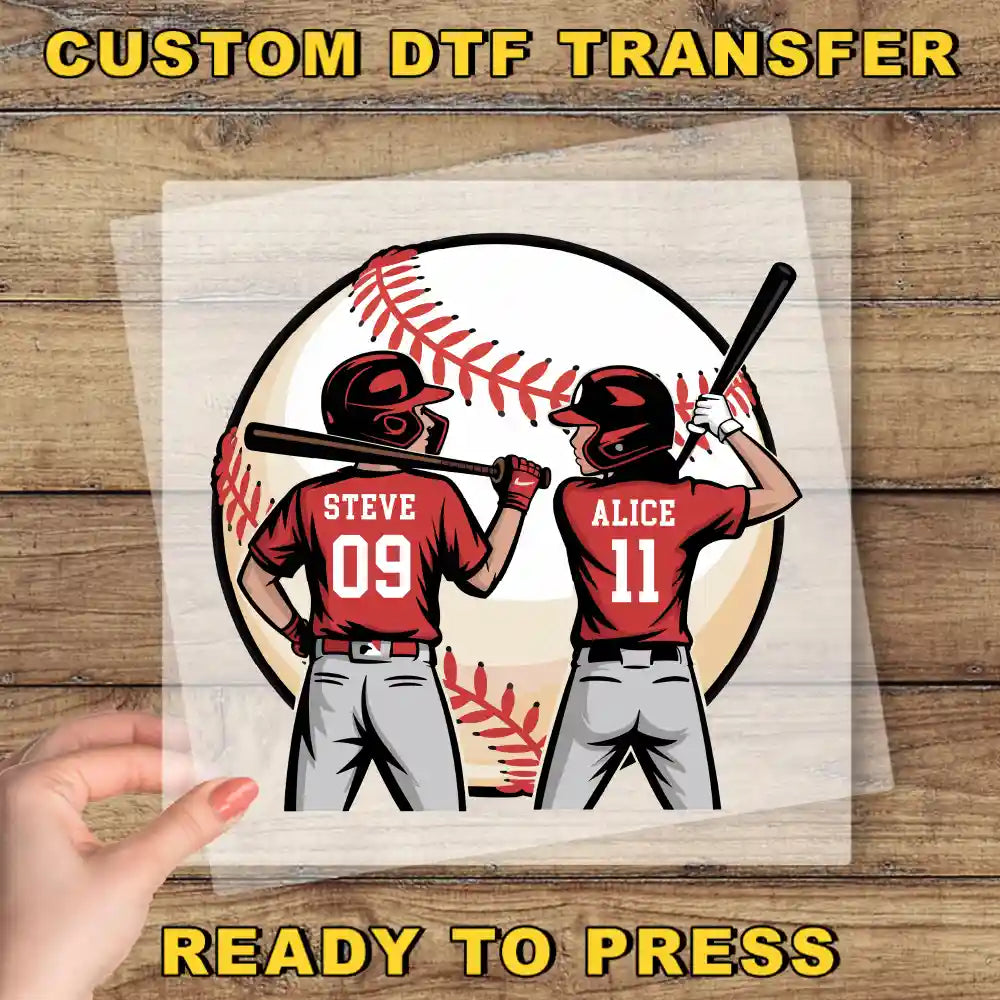 two baseball players, Steve and Alice, standing next to a baseball. They are wearing red and gray uniforms with the numbers 09 and 11 on their backs.