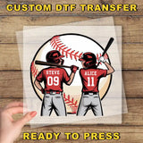 two baseball players, Steve and Alice, standing next to a baseball. They are wearing red and gray uniforms with the numbers 09 and 11 on their backs.