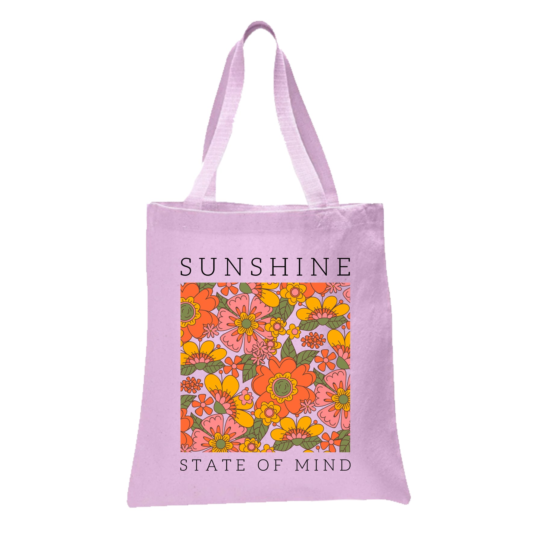 a pink tote bag with a picture of flowers on it