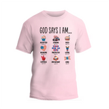a pink t - shirt that says, good says i am