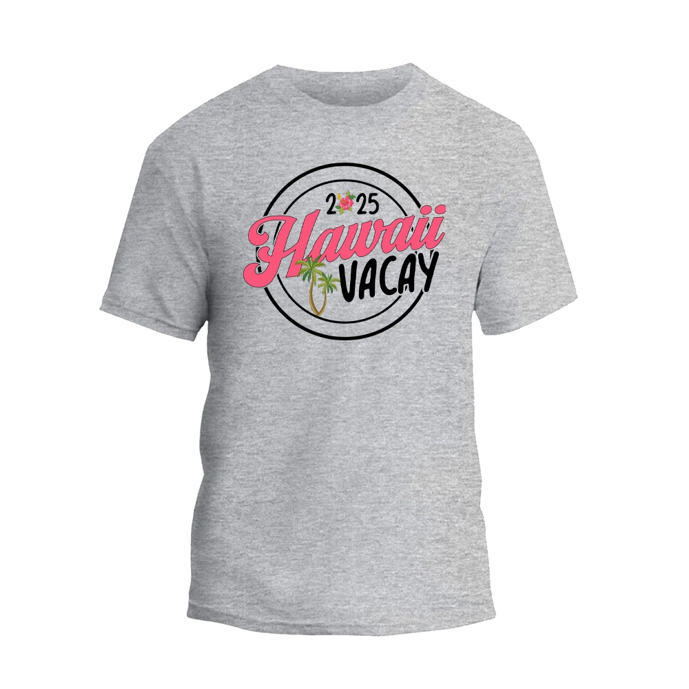 a gray t - shirt with a pink and black logo