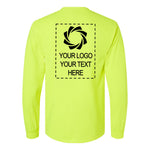 a neon yellow long sleeve shirt with a logo on the back