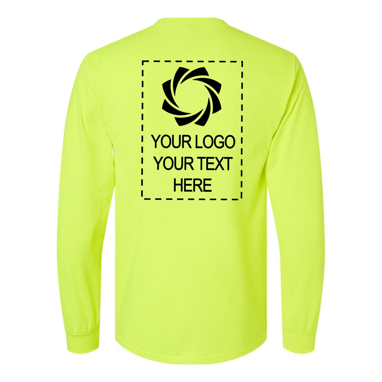a neon yellow long sleeve shirt with a logo on the back