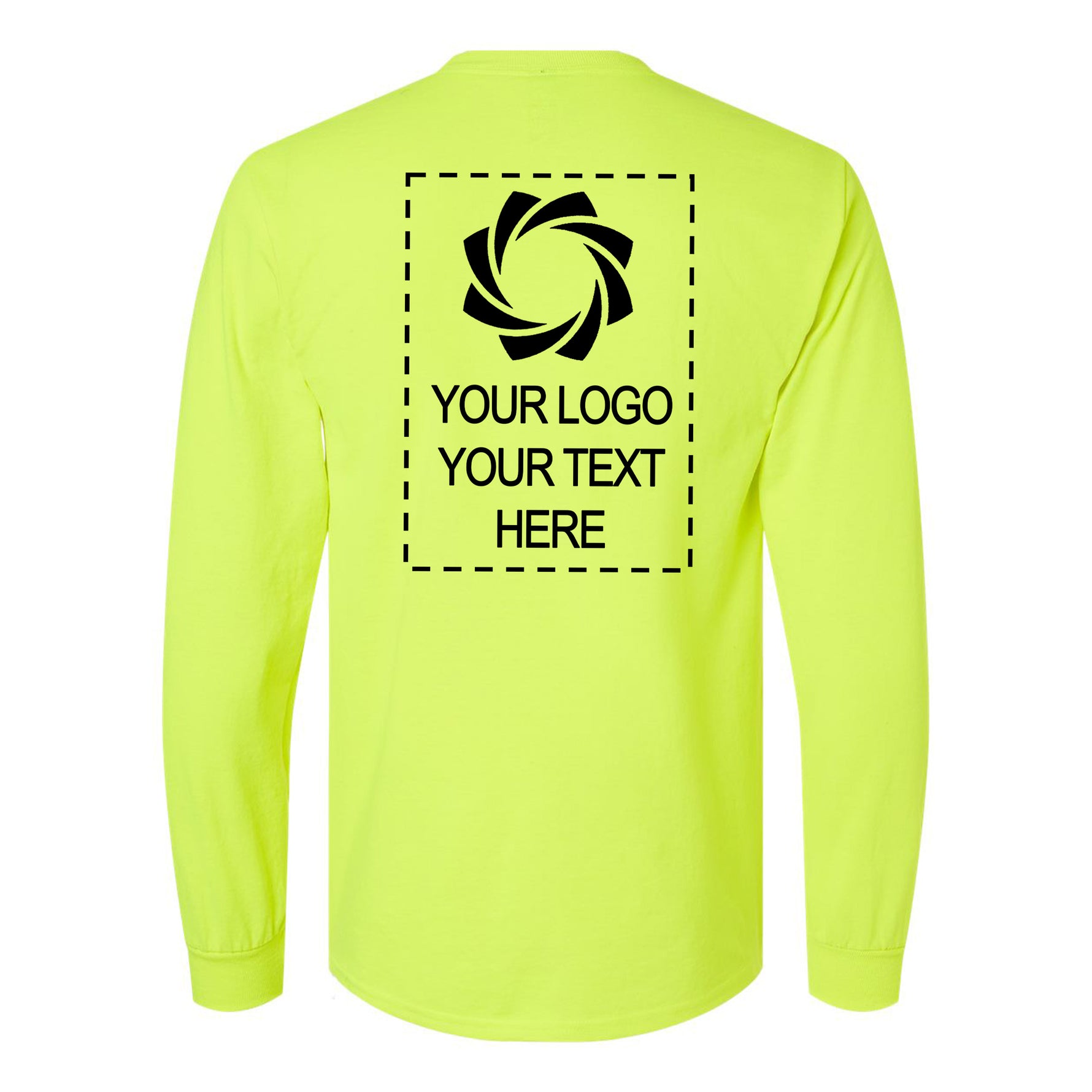 a neon yellow long sleeve shirt with a logo on the back