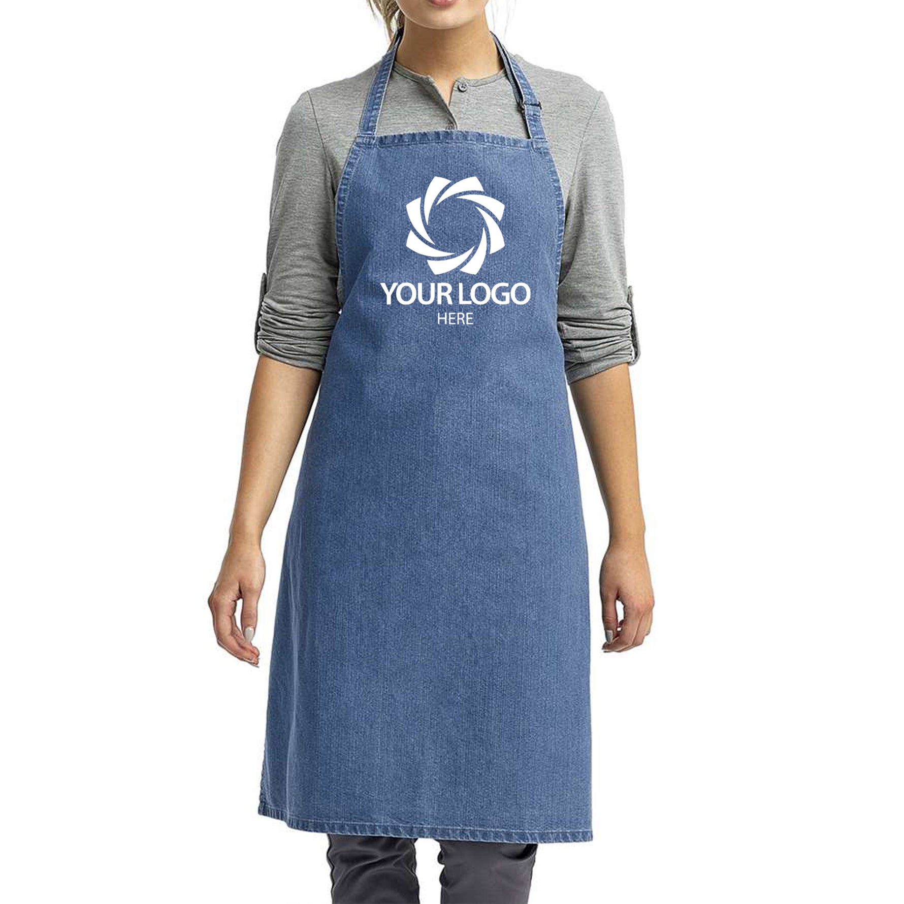 a woman wearing an apron with a logo on it