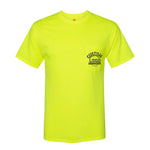 a neon yellow shirt with a black logo on the chest