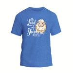 a blue t - shirt with a sheep saying the lord is my shepherd