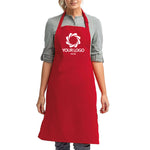 a woman wearing a red apron with a logo on it