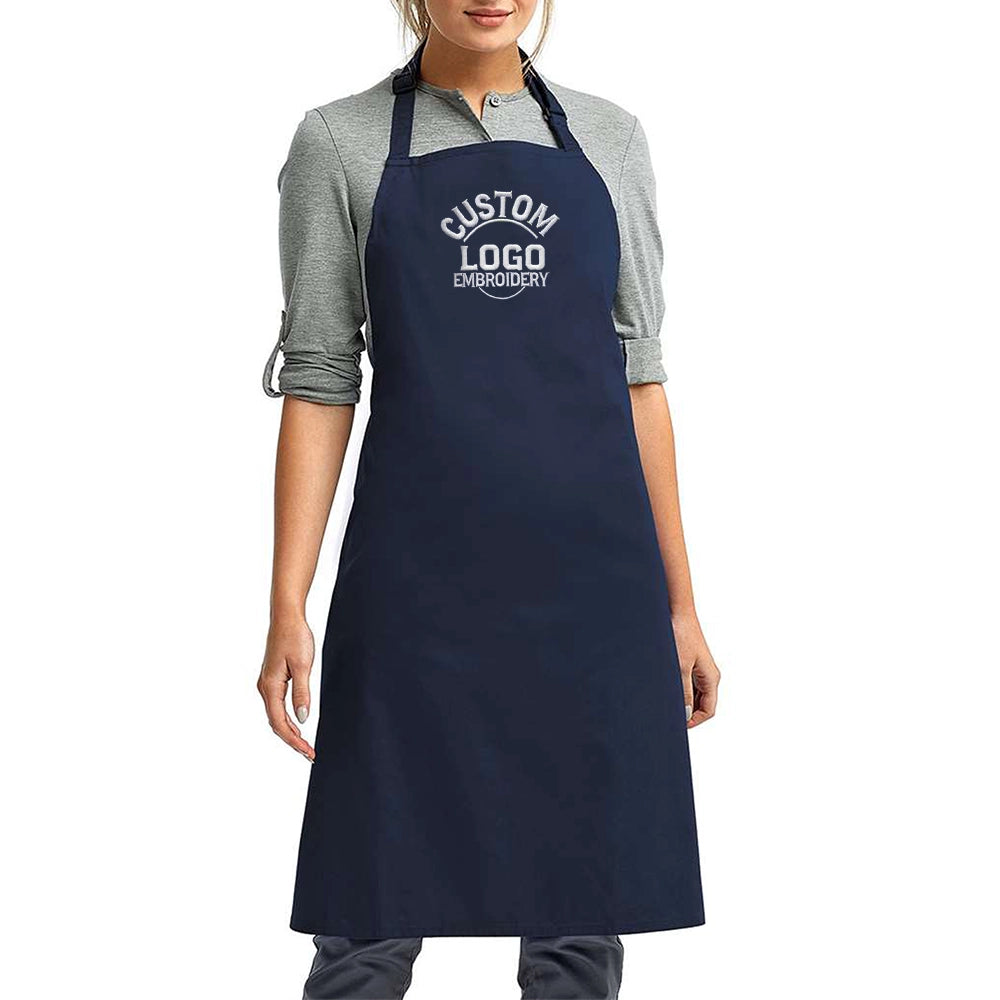 a woman wearing an apron with a logo on it