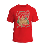 A red t-shirt with a graphic design depicting a gingerbread house and snowflakes, along with text that reads "Baking Co. Gingerbread's Bakery" and "Bake Fresh Daily".