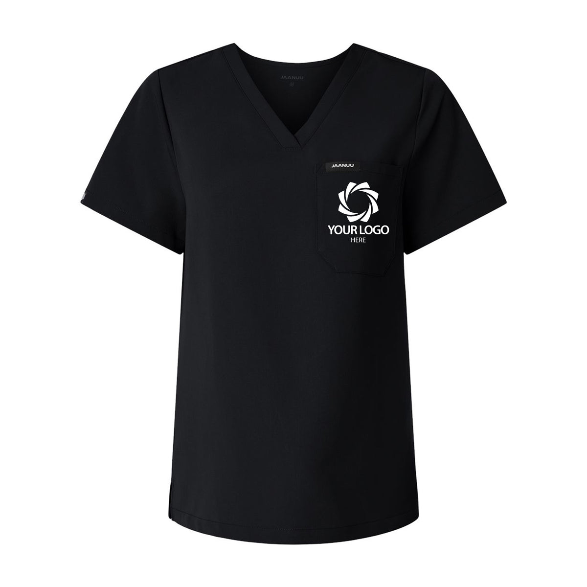 a black shirt with a white logo on the chest