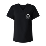 a black shirt with a white logo on the chest