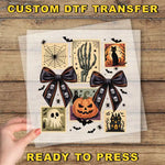 The image is a Halloween-themed collage featuring various spooky and festive elements such as a skeleton, a pumpkin, bats, a spider, a ghost, and a castle. The collage is ready to be printed, and the text "CUSTOM DTF TRANSFER" and "READY TO PRESS" is displayed, indicating that the image is ready for printing.