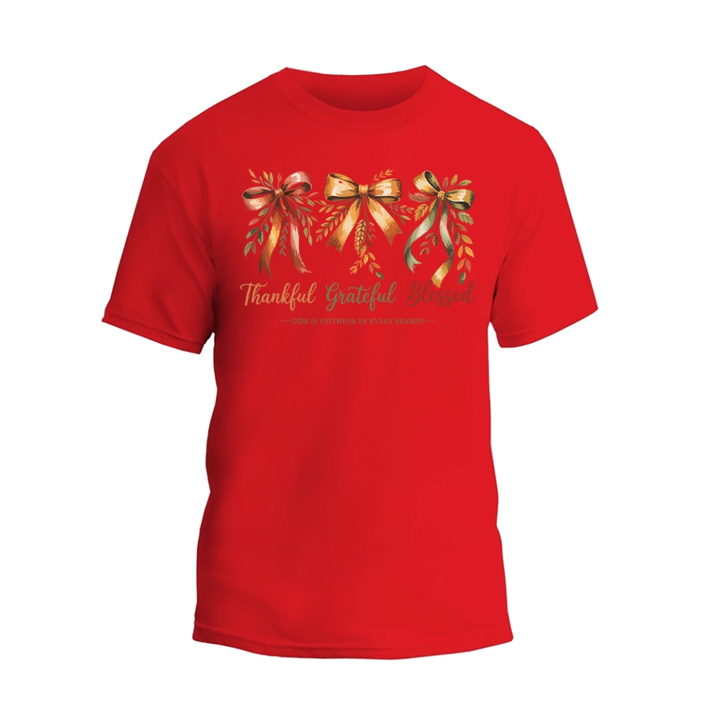 Thankful Grateful Blessed Shirt, Cozy Bow Autumn T-shirt