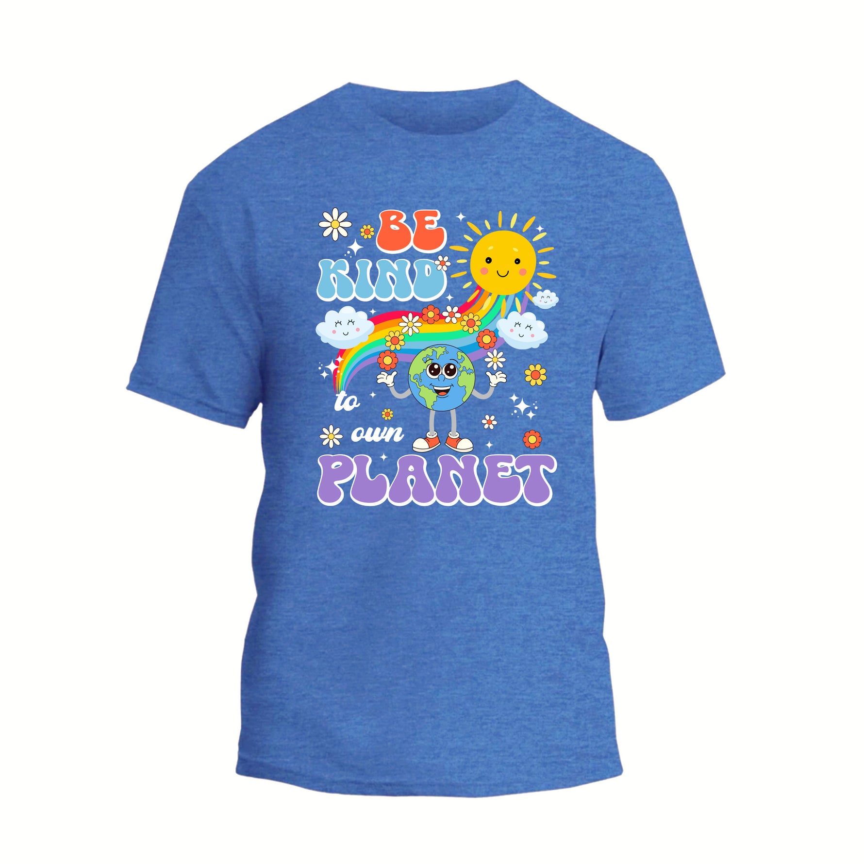 a blue t - shirt with an image of a rainbow