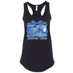 A black tank top with a graphic design featuring a skeleton, a ghost, and a palm tree, along with the text "Summer Vibes" printed on it.