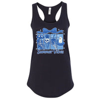 A black tank top with a graphic design featuring a skeleton, a ghost, and a palm tree, along with the text "Summer Vibes" printed on it.