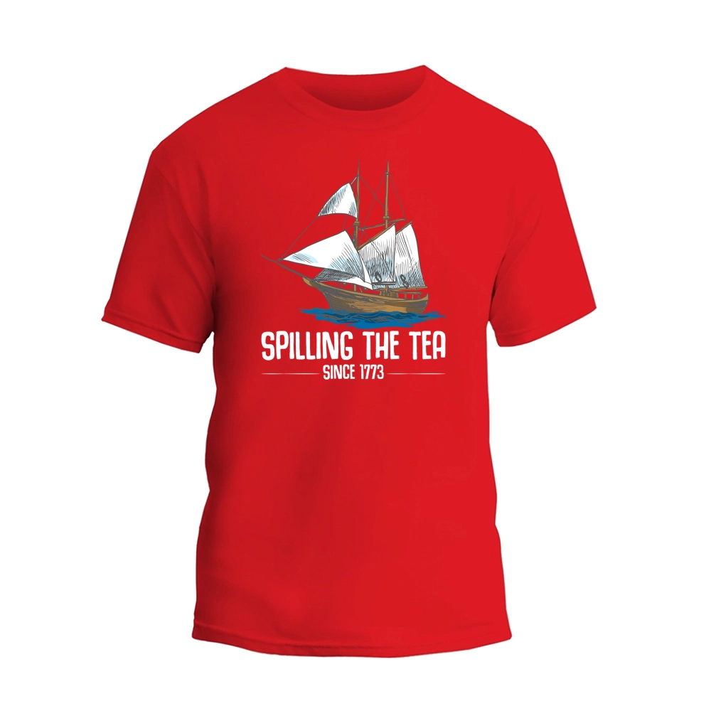 a red t - shirt with a sailing the tea logo
