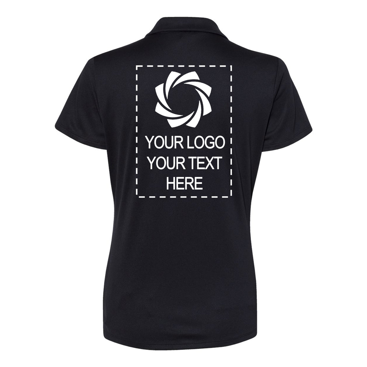 a women's black polo shirt with an image of a camera