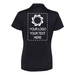 a women's black polo shirt with an image of a camera