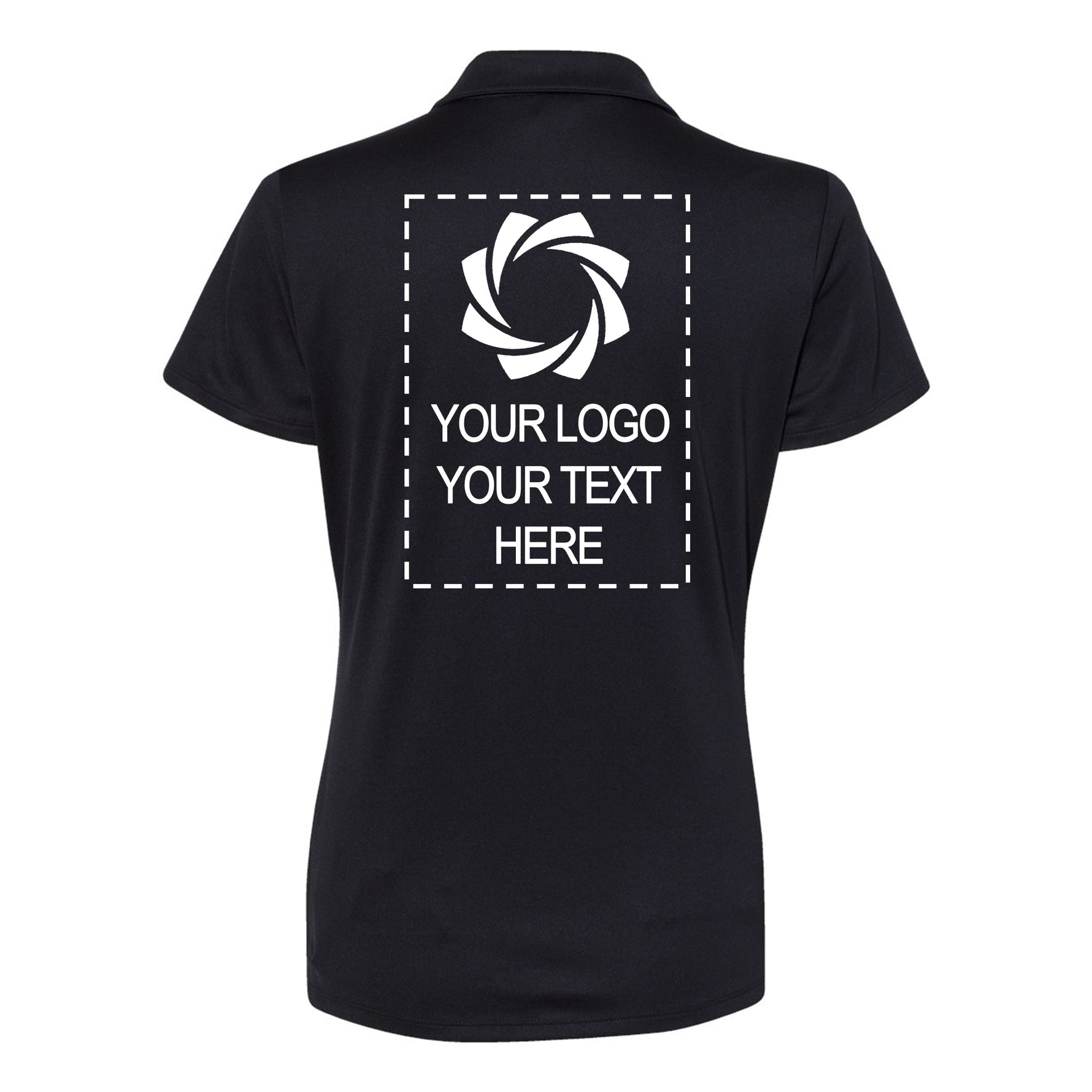 a women's black polo shirt with an image of a camera